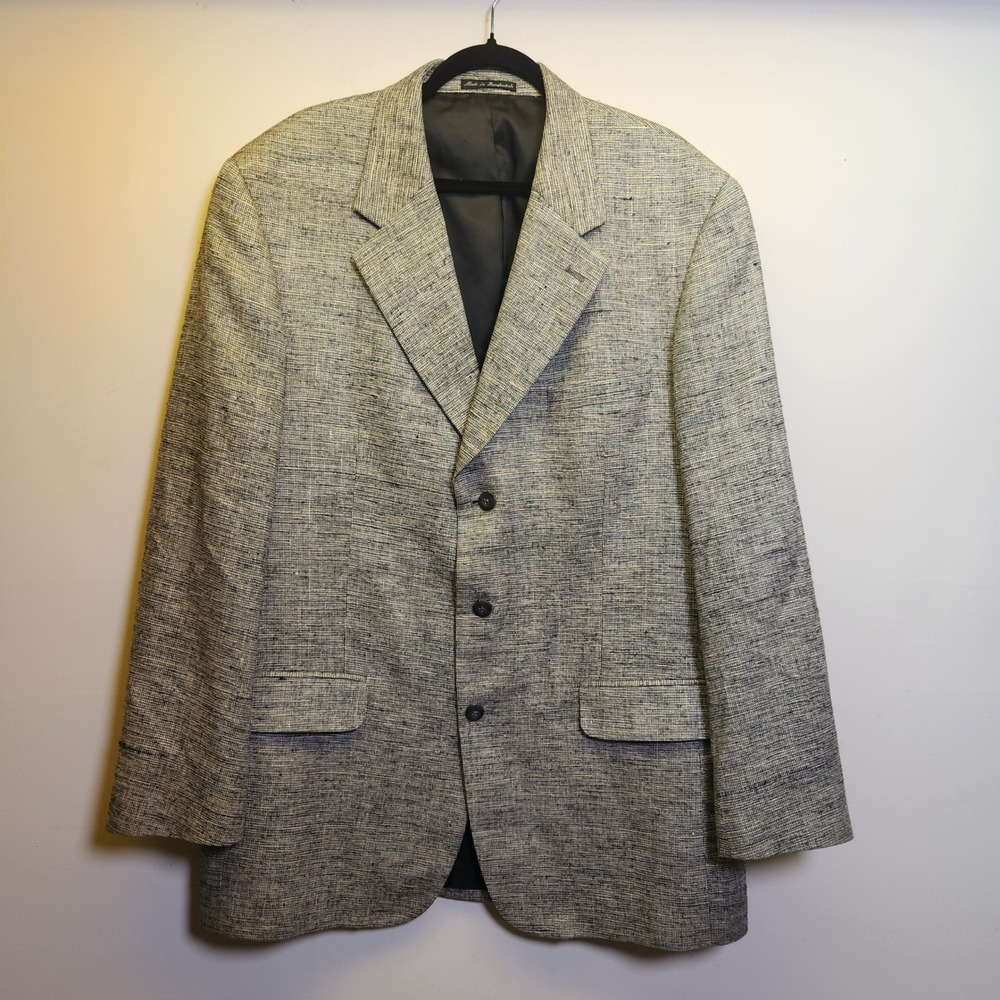 Vtg Savile Row 100% Silk Gray Blazer Sport Coat 44L Lined Pockets Three Button